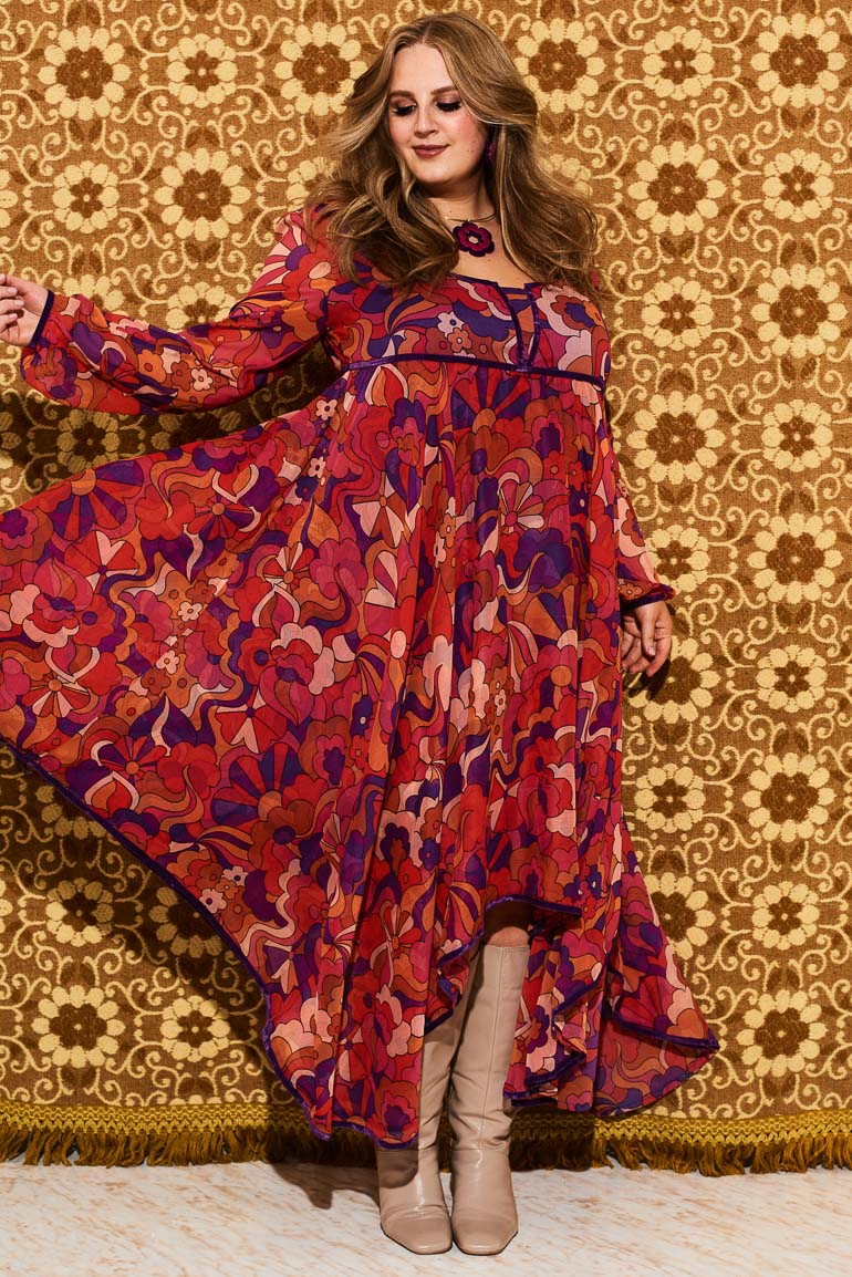 Voodoo Child Psychedelic Cloud Trimmed Midi Dress - Dresses