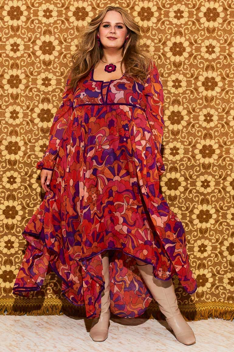Voodoo Child Psychedelic Cloud Trimmed Midi Dress - Dresses